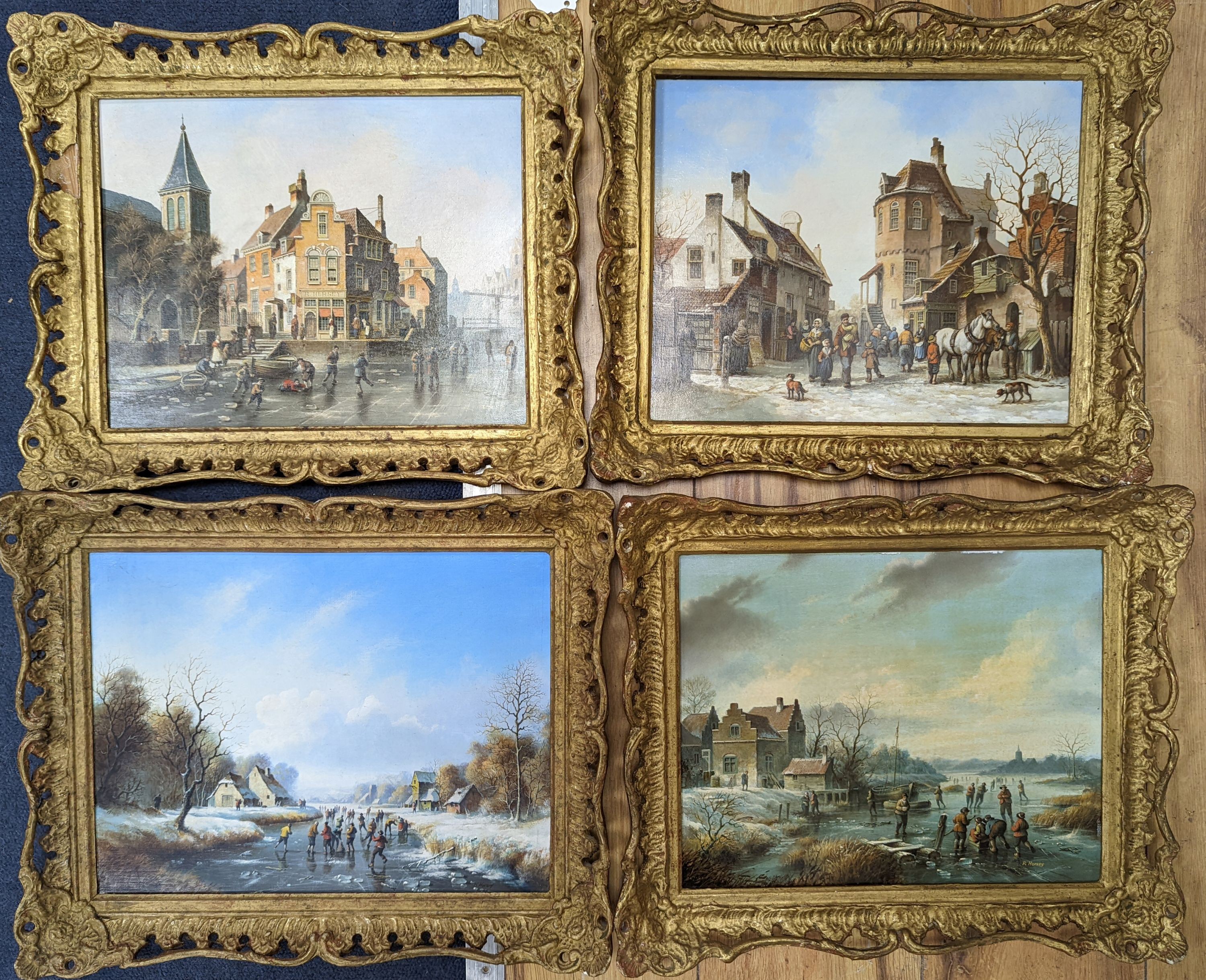 R.Hersey, four oils on wooden panels, 17th century Dutch scenes, signed, 23 x 29cm and 24 x 32cm